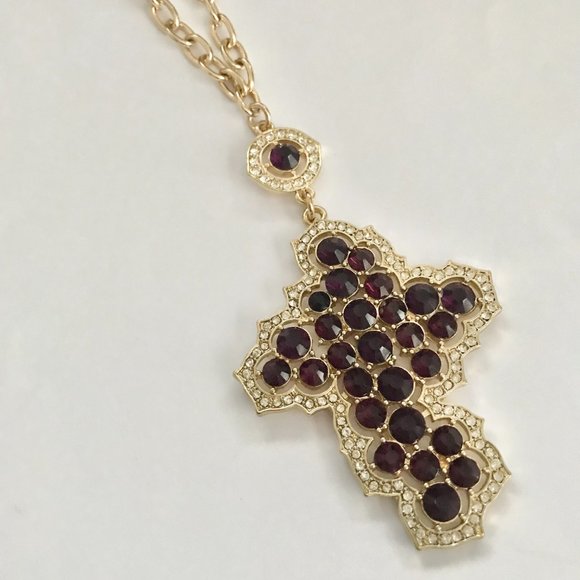 Vintage Style Cross Necklace Purple Crystals Simulated Amethyst Gold Plated 22" - Picture 11 of 14